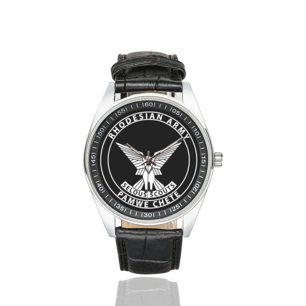 Men's casual watch with a round dial featuring the Selous Scouts Rhodesian Special Forces emblem, silver-tone case and black leather strap.