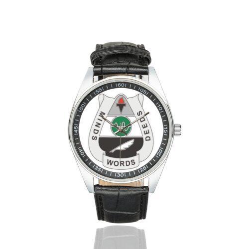 Men's casual watch with a round dial featuring the US Army 15th Psychological Operations Battalion emblem, silver-tone case and black leather strap.