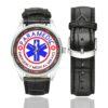 Men's casual watch with a round dial featuring the Paramedic EMS emblem, silver-tone case and black leather strap, shown with the strap to the side.