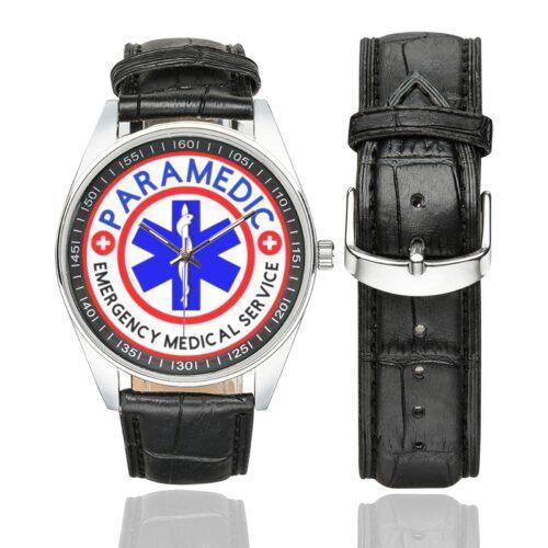 Men's casual watch with a round dial featuring the Paramedic EMS emblem, silver-tone case and black leather strap, shown with the strap to the side.