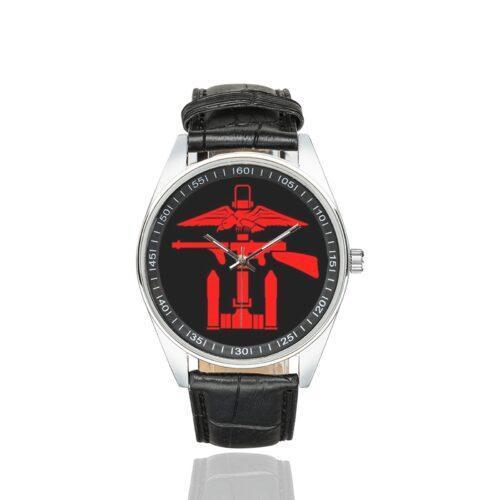 Men's casual watch with a round dial featuring the Royal Navy Commando emblem, silver-tone case and black leather strap.