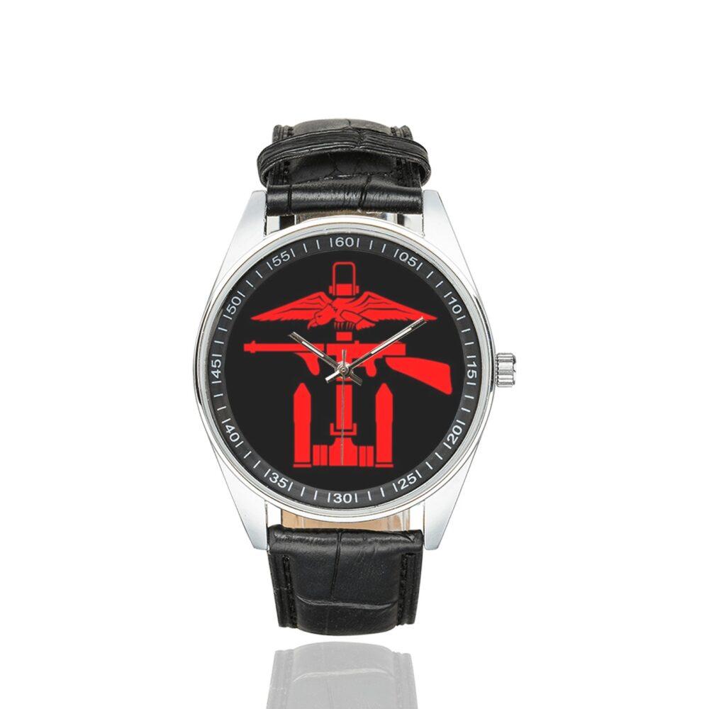 Men's casual watch with a round dial featuring the Royal Navy Commando emblem, silver-tone case and black leather strap.