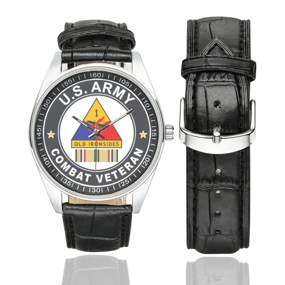 Men's casual watch with a round dial featuring the US Army 1st Armored Division Desert Storm Combat Veteran emblem, silver-tone case and black leather strap, shown with the strap to the side.