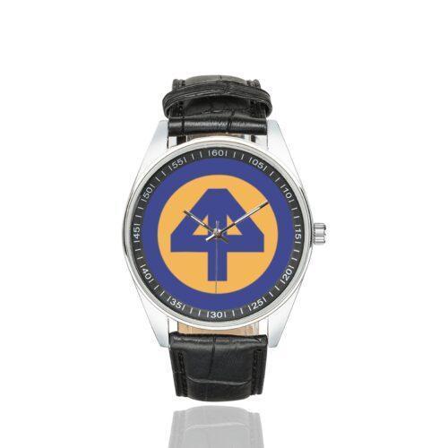 Men's casual watch with a round dial featuring the 44 INF DIV SSI emblem, silver-tone case and black leather strap.