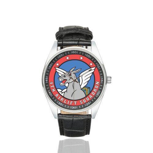 Men's casual watch with a round dial featuring the USAF 4th Airlift Squadron emblem, silver-tone case and black leather strap.