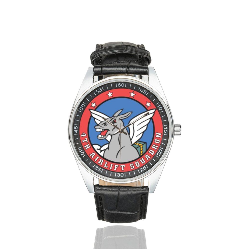 Men's casual watch with a round dial featuring the USAF 4th Airlift Squadron emblem, silver-tone case and black leather strap.