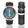 Men's casual watch with a round dial featuring the OCLAESP emblem, silver-tone case and black leather strap, shown with the strap to the side.