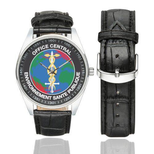 Men's casual watch with a round dial featuring the OCLAESP emblem, silver-tone case and black leather strap, shown with the strap to the side.