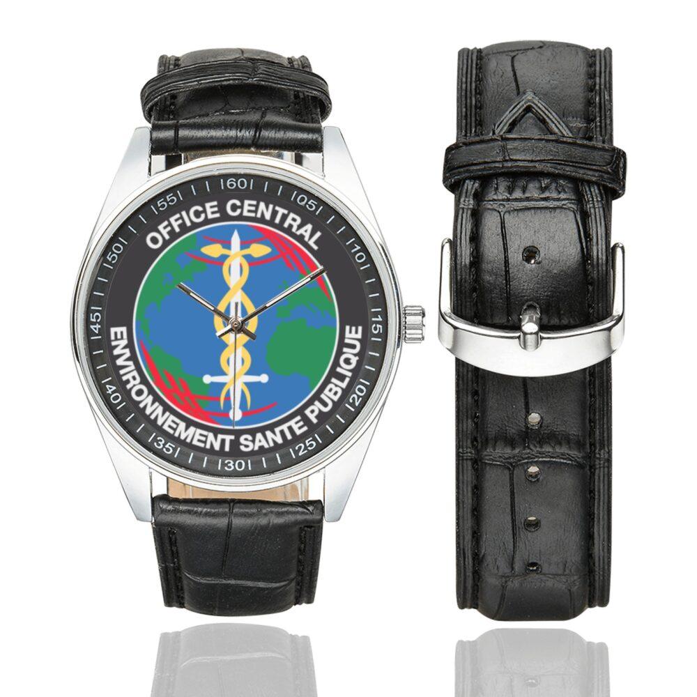 Men's casual watch with a round dial featuring the OCLAESP emblem, silver-tone case and black leather strap, shown with the strap to the side.