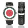 Men's casual watch with a round dial featuring the 37th Infantry Division SSI emblem, silver-tone case and black leather strap, shown with the strap to the side.