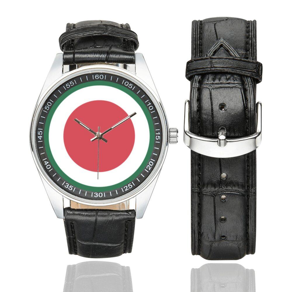 Men's casual watch with a round dial featuring the 37th Infantry Division SSI emblem, silver-tone case and black leather strap, shown with the strap to the side.