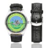 Men's casual watch with a round dial featuring the USAF 134th Fighter Squadron Vermont Air Guard emblem, silver-tone case and black leather strap, shown with the strap to the side.
