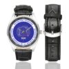 Men's casual watch with a round dial featuring the DGSI emblem, silver-tone case and black leather strap, shown with the strap to the side.