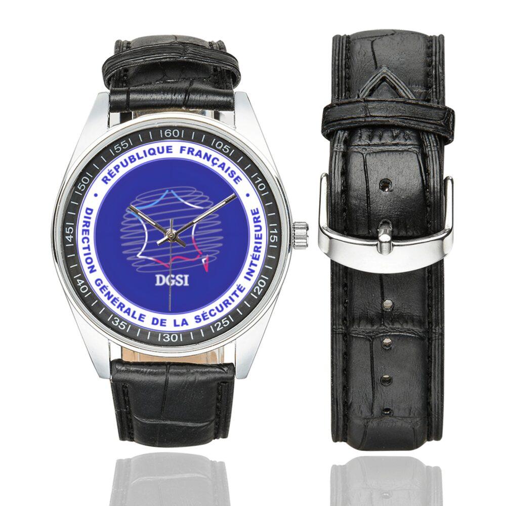 Men's casual watch with a round dial featuring the DGSI emblem, silver-tone case and black leather strap, shown with the strap to the side.