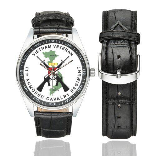 Men's casual watch with a round dial featuring the Vietnam Veteran 11th ACR emblem, silver-tone case and black leather strap, shown with the strap to the side.