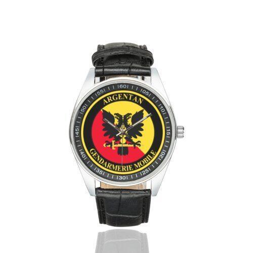 Men's casual watch with a round dial featuring the EGM 23-3 Argentan emblem, silver-tone case and black leather strap.