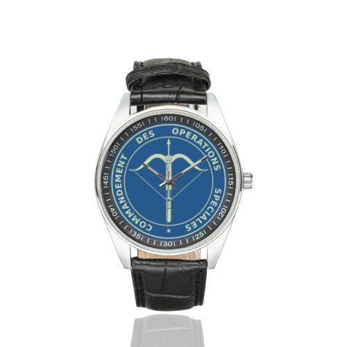 Men's casual watch with a deep blue dial featuring the Commandement des Opérations Spéciales (COS) emblem, silver-tone round case, crown on the right and black strap.