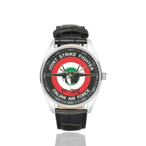 Men's casual watch with a round dial featuring the Italian Joint Strike Fighter Squadron F-35 emblem, silver-tone case and black leather strap.