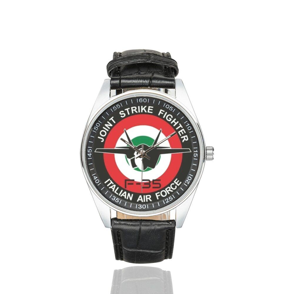 Men's casual watch with a round dial featuring the Italian Joint Strike Fighter Squadron F-35 emblem, silver-tone case and black leather strap.