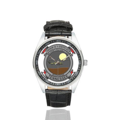 Men's casual watch with a round dial featuring the US Army 1-230th Assault Helicopter Battalion emblem, silver-tone case and black leather strap.