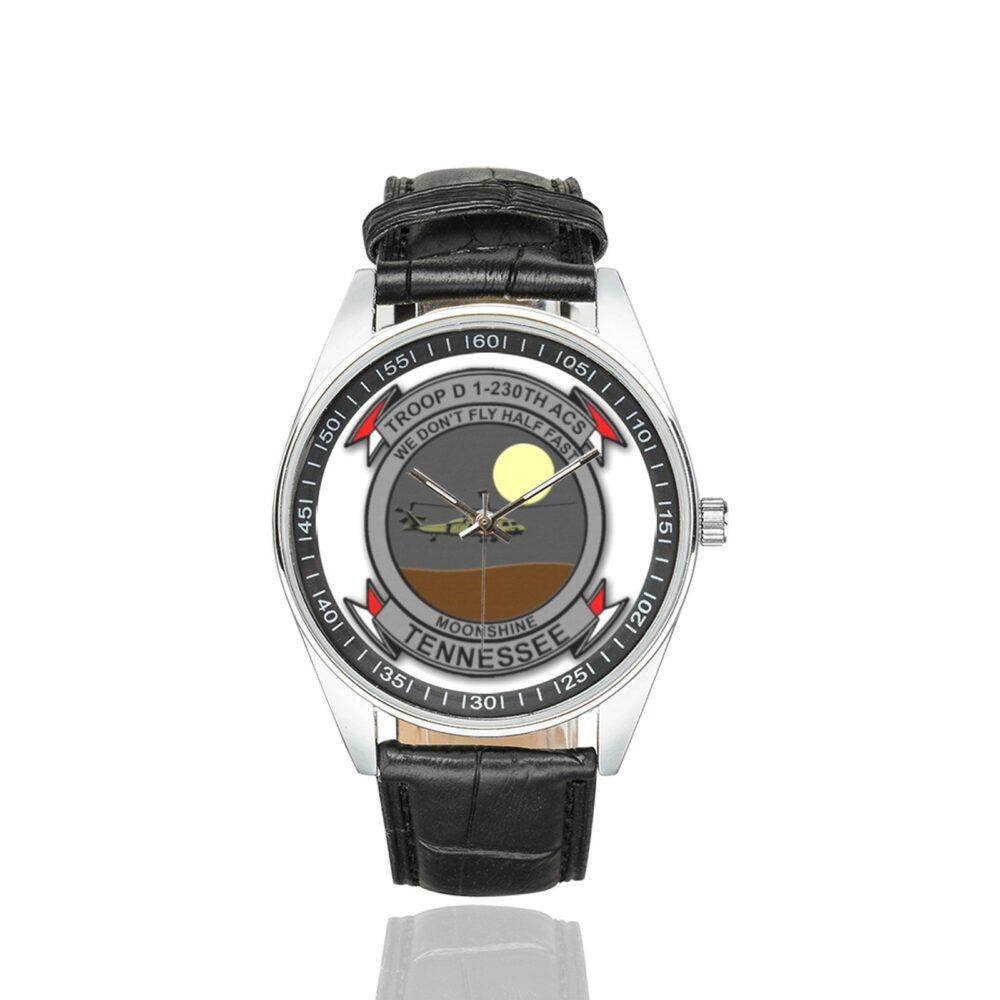 Men's casual watch with a round dial featuring the US Army 1-230th Assault Helicopter Battalion emblem, silver-tone case and black leather strap.