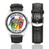 Men's casual watch with a round dial featuring the Opération Serval emblem, silver-tone case and black leather strap, shown with the strap to the side.