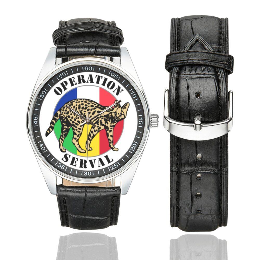 Men's casual watch with a round dial featuring the Opération Serval emblem, silver-tone case and black leather strap, shown with the strap to the side.