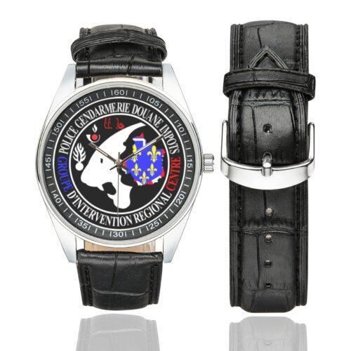 Men's casual watch with a round dial featuring the GIR Centre-Val de Loire emblem, silver-tone case and black leather strap, shown with the strap to the side.
