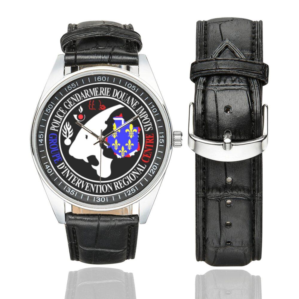 Men's casual watch with a round dial featuring the GIR Centre-Val de Loire emblem, silver-tone case and black leather strap, shown with the strap to the side.