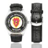 Men's casual watch with a round dial featuring the US Army 25th Infantry Division vet emblem, silver-tone case and black leather strap, shown with the strap to the side.