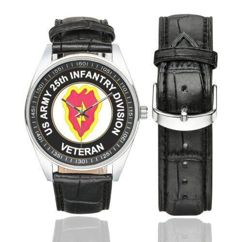 Men's casual watch with a round dial featuring the US Army 25th Infantry Division vet emblem, silver-tone case and black leather strap, shown with the strap to the side.
