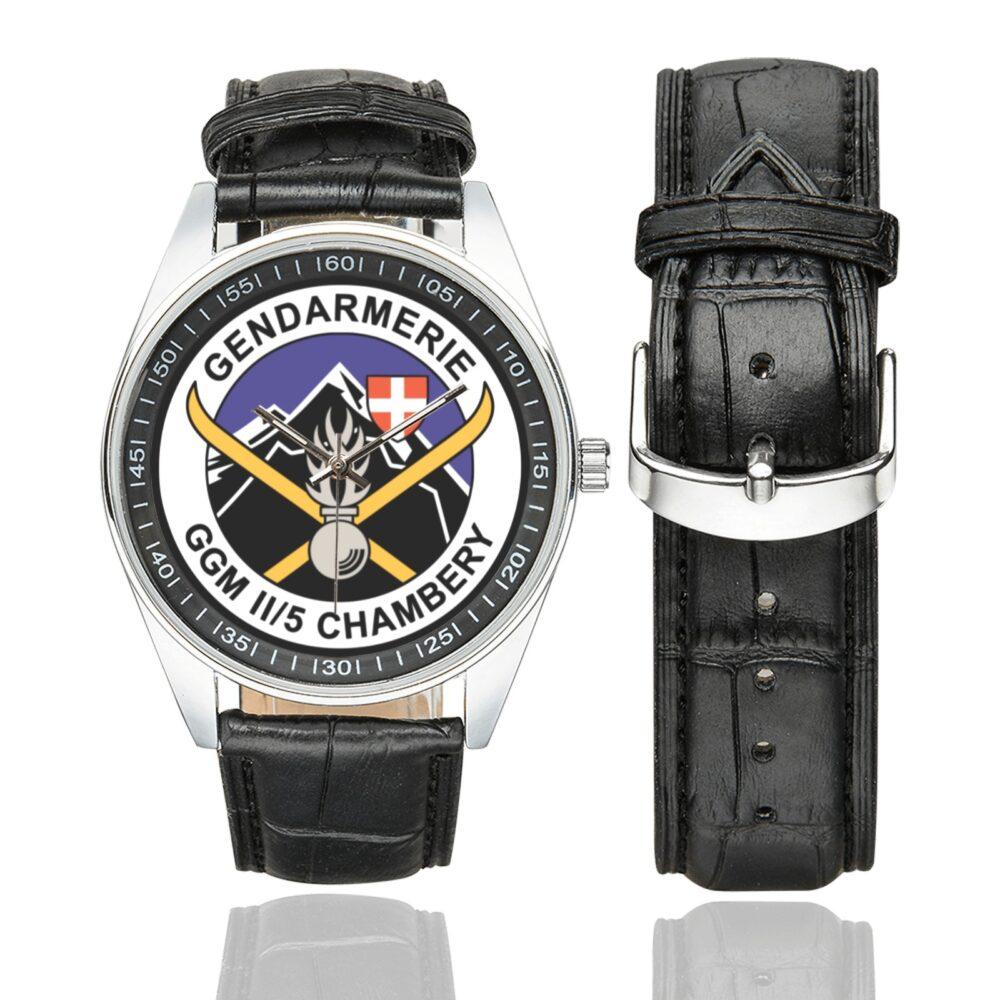 Men's casual watch with a round dial featuring the GGM II-5 Chambery emblem, silver-tone case and black leather strap, shown with the strap to the side.