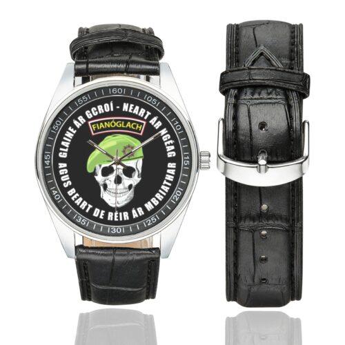 Men's casual watch with a round dial featuring the Irish Army Ranger Sciathán Fiannóglaigh an Airm emblem, silver-tone case and black leather strap, shown with the strap to the side.