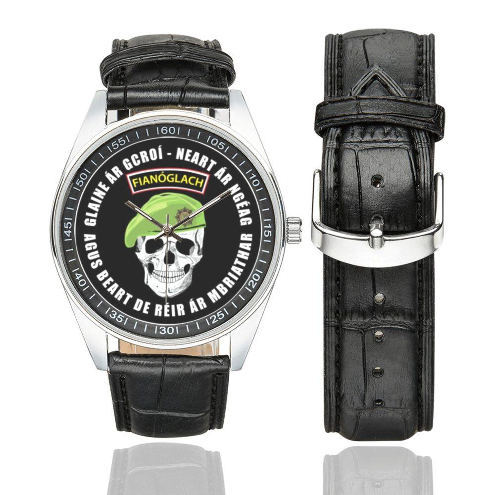 Men's casual watch with a round dial featuring the Irish Army Ranger Sciathán Fiannóglaigh an Airm emblem, silver-tone case and black leather strap, shown with the strap to the side.