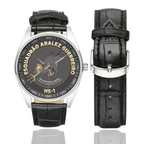 Men's casual watch with a round dial featuring the Brazilian 1st Anti-Submarine Helicopter Squadron emblem, silver-tone case and black leather strap, shown with the strap to the side.