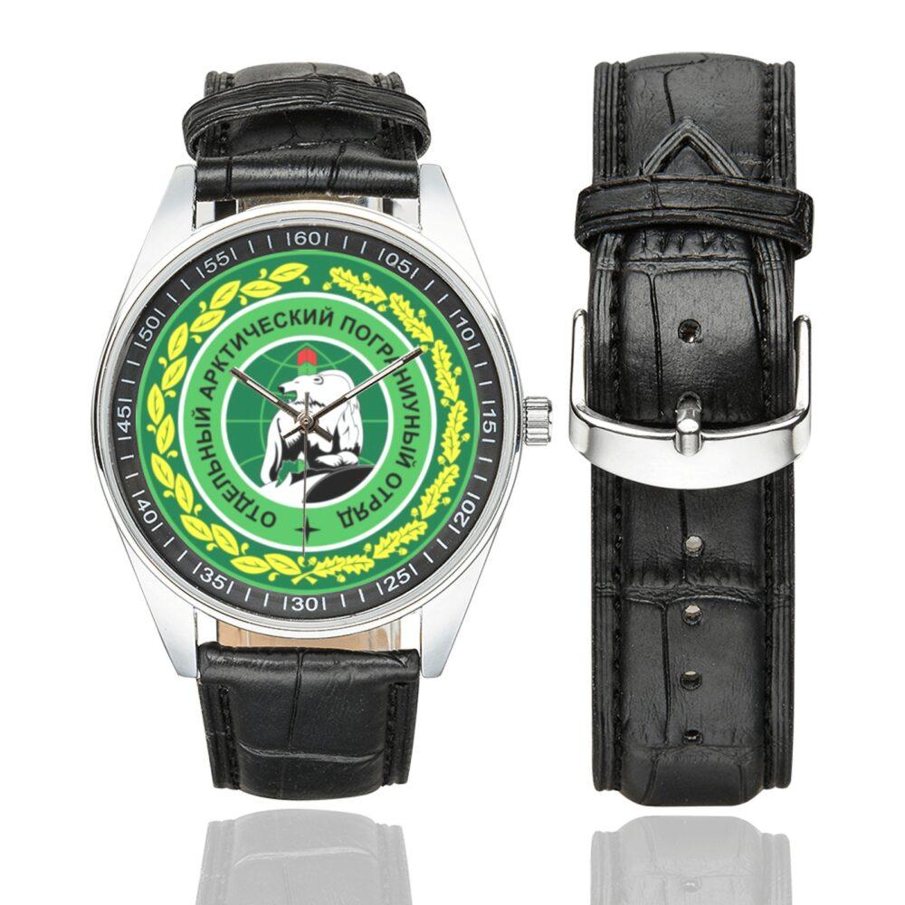 Men's casual watch with a round dial featuring the Russian Military Arctic Border Troops emblem, silver-tone case and black leather strap, shown with the strap to the side.