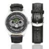 Men's casual watch with a round dial featuring the 11th Special Forces Group emblem, silver-tone case and black leather strap, shown with the strap to the side.