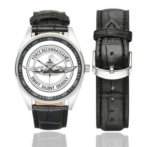 Men's casual watch with a round dial featuring the Force Recon emblem, silver-tone case and black leather strap, shown with the strap to the side.