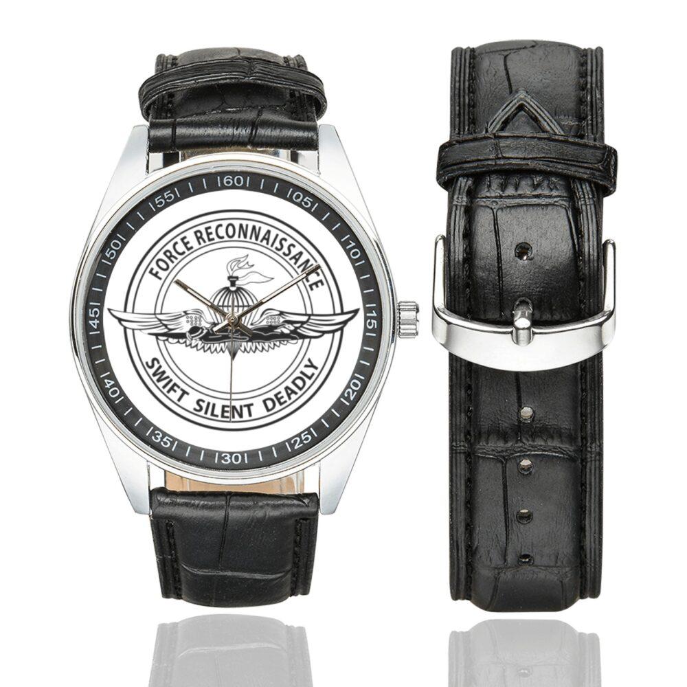 Men's casual watch with a round dial featuring the Force Recon emblem, silver-tone case and black leather strap, shown with the strap to the side.