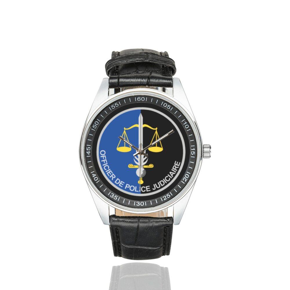 Men's casual watch with a round dial featuring the OPJ Gendarmerie emblem, silver-tone case and black leather strap.