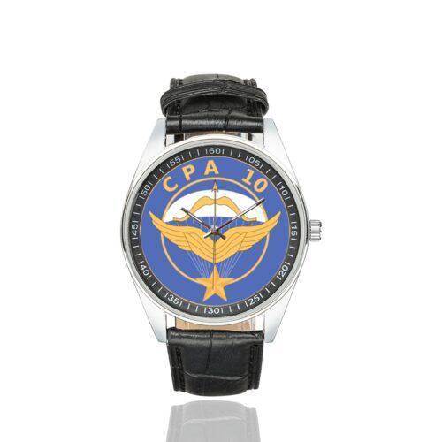 Men's casual watch with a round dial featuring the Commando Parachutiste de l'Air n° 10 emblem, silver-tone case and black leather strap.