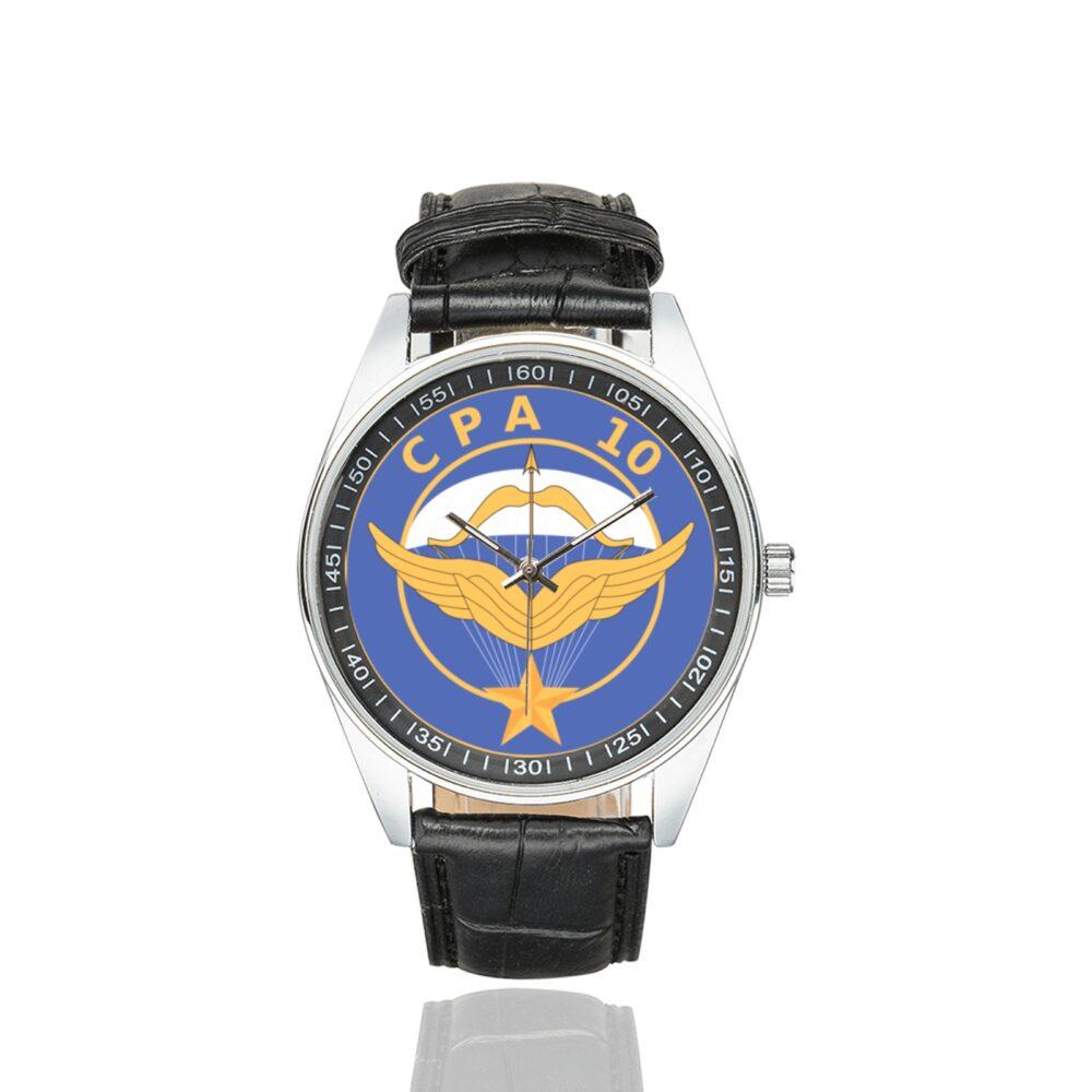 Men's casual watch with a round dial featuring the Commando Parachutiste de l'Air n° 10 emblem, silver-tone case and black leather strap.