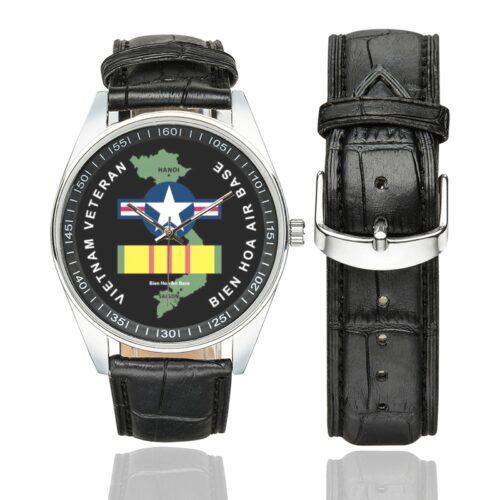 Men's casual watch with a round dial featuring the Vietnam Veteran Bien Hoa emblem, silver-tone case and black leather strap, shown with the strap to the side.