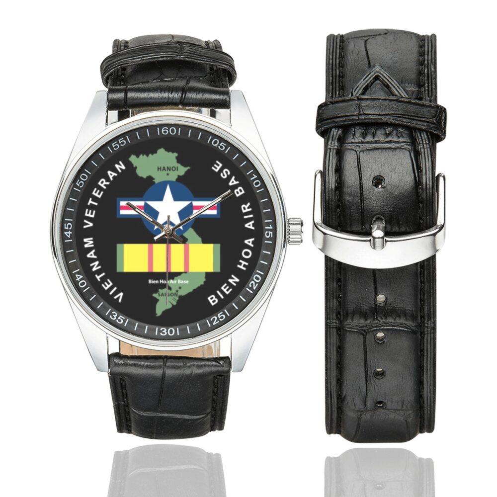 Men's casual watch with a round dial featuring the Vietnam Veteran Bien Hoa emblem, silver-tone case and black leather strap, shown with the strap to the side.