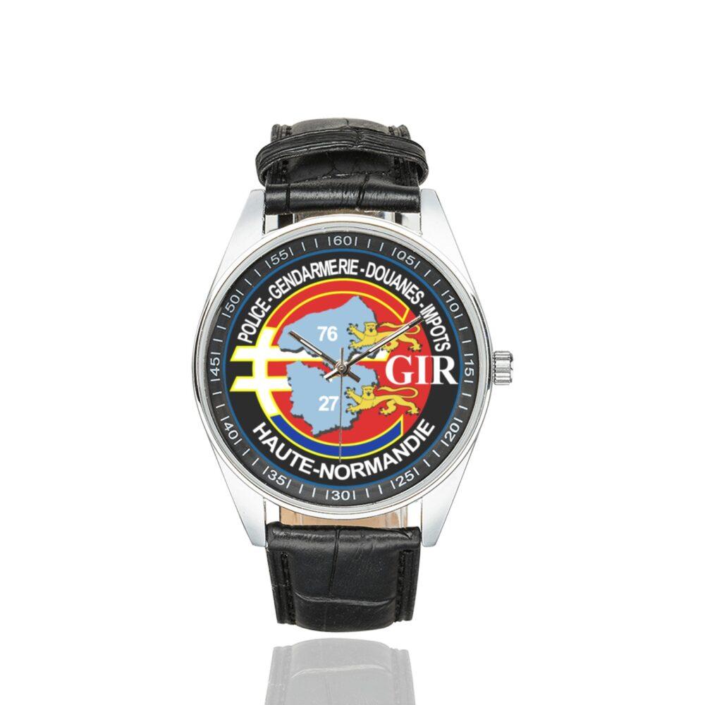 Men's casual watch with a round dial featuring the GIR Haute-Normandie emblem, silver-tone case and black leather strap.