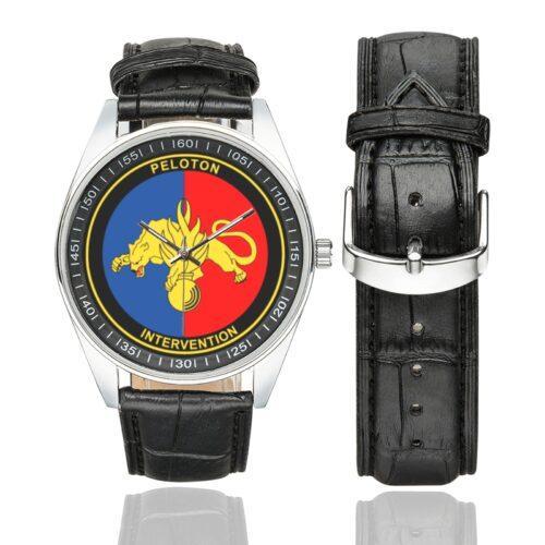 Men's casual watch with a round dial featuring the PI emblem, silver-tone case and black leather strap, shown with the strap to the side.
