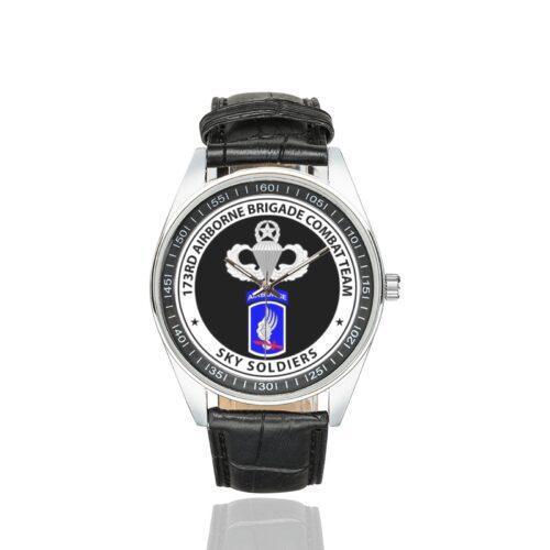 Men's casual watch with a round dial featuring the Airborne 173rd Airborne - Sky Soldiers emblem, silver-tone case and black leather strap.