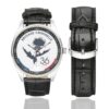 Men's casual watch with a round dial featuring the Brigade Criminelle 36 emblem, silver-tone case and black leather strap, shown with the strap to the side.
