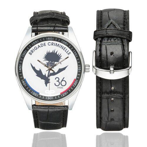Men's casual watch with a round dial featuring the Brigade Criminelle 36 emblem, silver-tone case and black leather strap, shown with the strap to the side.