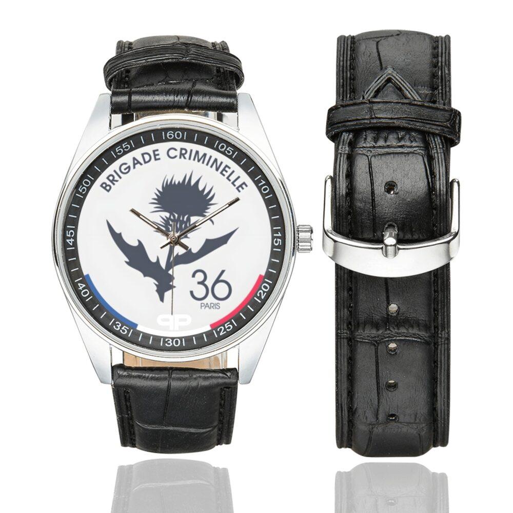 Men's casual watch with a round dial featuring the Brigade Criminelle 36 emblem, silver-tone case and black leather strap, shown with the strap to the side.
